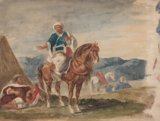 Three Arab Horsemen at an Encampment
