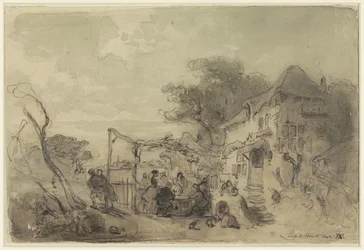 Company on terrace in front of an inn along a road