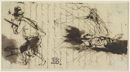 Hunter with dog, drawn over a letter
