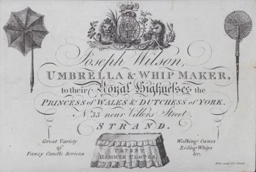 Advertisement for Joseph Wilson, umbrella and whip maker, London