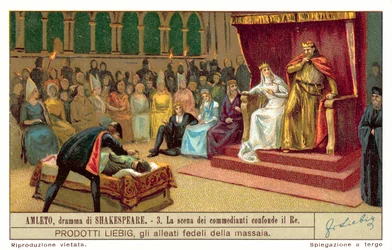 Claudius reacting to the scene depicting the murder of the Player King