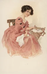 Girl in Pink with a Sewing Basket