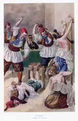 In the House of Punishment: Two Women and a Man Being Beaten