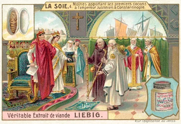 Monks bringing the first silk cocoons to the Emperor Justinian in Constantinople