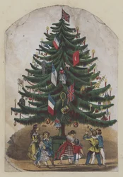 People under a Christmas tree, greetings card