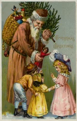 Santa Claus Giving Presents and a Christmas Tree to Children
