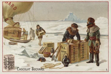 Unloading cases of Suchard chocolate from a balloon in the Arctic
