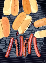 6 Hot Dogs on Grill, South Side of Street