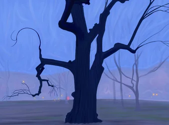 Large Blue Tree Alone in Field in Foggy Morning Twilight, Brooklyn
