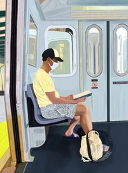 Man in Striped Shorts Reading Book on Subway, c.2020-24