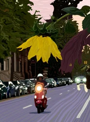 Sunflower and Man Driving Red Scooter