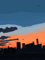 View of NY Harbor From Rooftop, at End of Summer