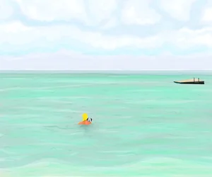 Woman Swimming With Dog In Ocean