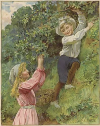 A young girl and a young boy picking blackberries