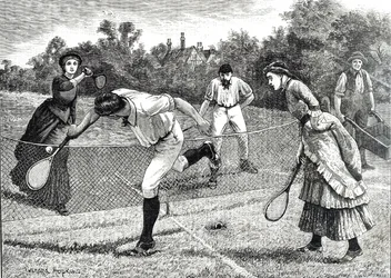 A friendly doubles tennis match