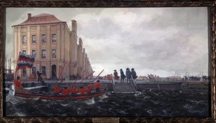 Saint Petersburg at the Beginning of the 18th Century. The Twelve Collegia Building. Description of a Quay on the Neva, in Front of the University, Where Men Await the Arrival of a Boat