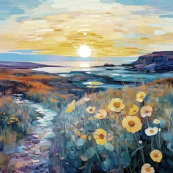 Abstract Purple Flowers in Sunrise Landscape