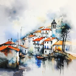 Abstract Watercolor Landscape, Village & Street Painting, Hall & Living Room Decoration