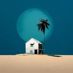 Abstract Cottage by the Beach with a Palm Tree