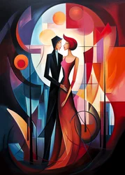 Abstract oil painting of couple in love, vibrant color
