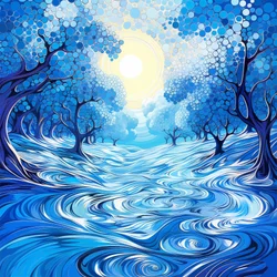 Blue Surreal Tree Painting, Modern Wall Decor