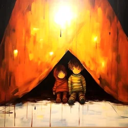 Drawing of two innocent children, surreal wall art