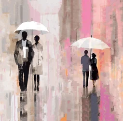 Ethnic couple under umbrella, abstract oil painting in the rain