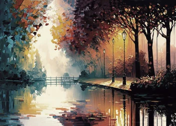 Expressive Painting of a Garden with a Stream in Autumn