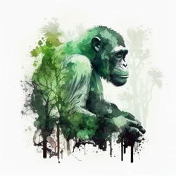 Jungle Monkey, Chimpanzee, Double Exposure Watercolor Painting