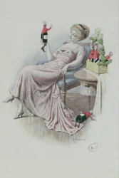Postcard Depicting a Woman with Bottles of Champagne in the Shape of Men