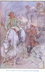 The Rider stopped, and handed the passenger, a small folded paper