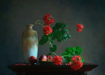 Geraniums and Fruit Still Life
