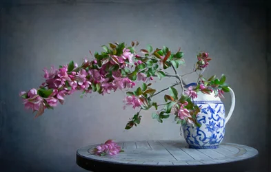 Pink Blooms in Blue Vase