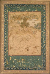 Akbar supervising the capture of wild elephants at Malwa in 1564, c. 1602-3
