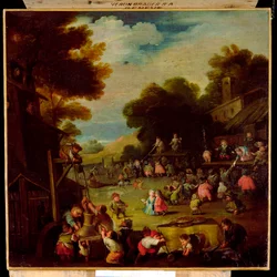 Pygmies at a Fair, Drawing Water from a Well in the Foreground and Watching Theatrical Performances Beyond