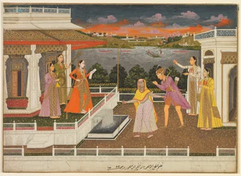 A blindfolded suitor is brought before a princess, verso: scrolling floral vines