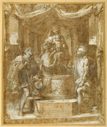 The Virgin and Child enthroned under a canopy, with Sts Roch and Sebastian