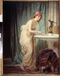 Orientalism "The Morning Toilet". Young woman only dressed in a sheet refreshing herself at the fountain. Painting by Feodor Andreyevich Bronnikov (1827-1902)