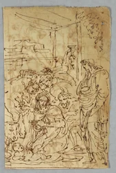 Adoration of the Shepherds; Archangel St. Michael after Raphael; St. Margarite after Raphael; Aloof de Wignancourt by Caravaggio; Putti; Study of the Flood; Verso: Disposition after Volterra; St. Cecilia after Raphael; Portion of Marriage of Henry IV to...