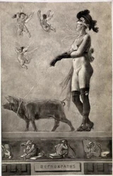 Pornokrates (Naked woman, eyes strips, surrounded by angels and holding a pig on a leash) - drawing by Felicien Rops (1833-1898)