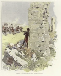 A Soldier Leans Against a Ruined Wall as He Takes Aim at the Oncoming Assault
