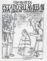 Captain Ruminavi presents Francisco Pizarro and Diego de Almagro with two women