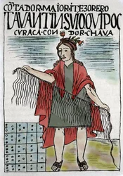 Quipu Inca accounting system in rope and knots, Inca culture 1400-1532 AD, manuscript by Felipe Guaman Puma de Ayala, Indian columnist of the 16th century.