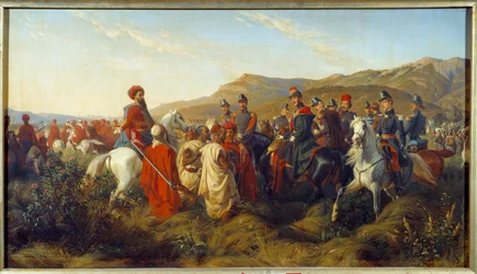 Conquest of Algeria (1830-1847): Episode of the campaign of Algeria in 1840 - the Duke of Orleans Ferdinand Philippe (1810-1842), son of King Louis Philippe, grants freedom to two Arab prisoners near the camp of Bl