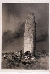 Peasants around the menhir of Kergadiou (Finistere) - in “La Bretagne contemporaine”, ill. by Felix Benoist, ed. Charpentier, Paris
