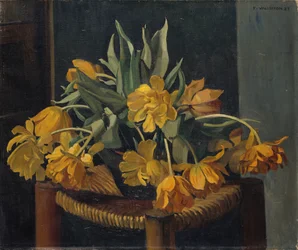 Double Yellow Tulips on a Wicker Chair