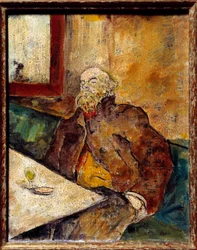 Portrait of Paul Verlaine (1844-1896), French poet, sitting at the bar in front of a glass of absinthe. Painting attributed to Felix Vallotton (1865-1925)