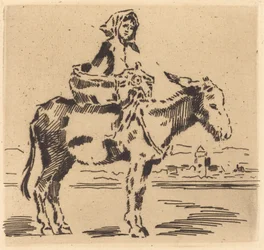 Woman Riding an Ass near a Tower