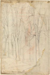Sketch of Trees with a Statue on a Pedestal