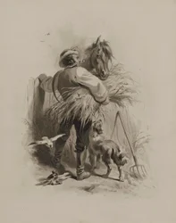 Farmer with Horse, Dog and Pigeons